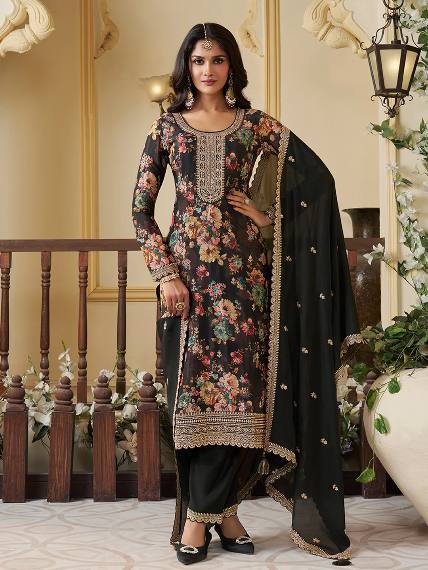 Floral Printed Chinon Silk Salwar kameez Suit Set with Sequence & Coding Work - 001FASHIONFORWARD