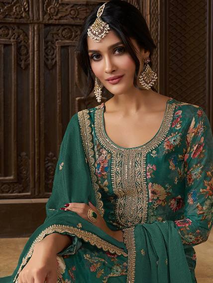 Floral Printed Chinon Silk Salwar kameez Suit Set with Sequence & Coding Work - 001FASHIONFORWARD