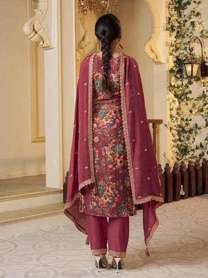 Floral Printed Chinon Silk Salwar kameez Suit Set with Sequence & Coding Work - 001FASHIONFORWARD