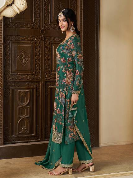 Floral Printed Chinon Silk Salwar kameez Suit Set with Sequence & Coding Work - 001FASHIONFORWARD