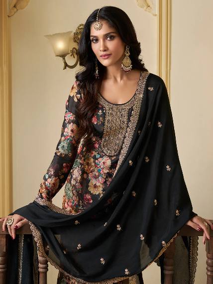 Floral Printed Chinon Silk Salwar kameez Suit Set with Sequence & Coding Work - 001FASHIONFORWARD
