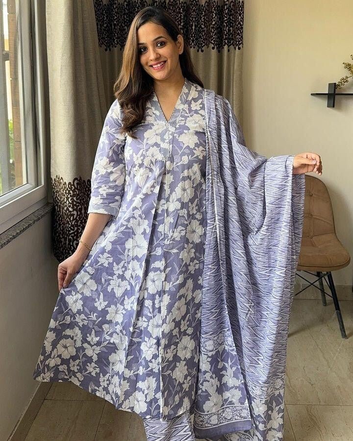 Floral Wedding Anarkali suit Women, Readymade pant Kurta, suit 3Pc Set Cotton - 001FASHIONFORWARD