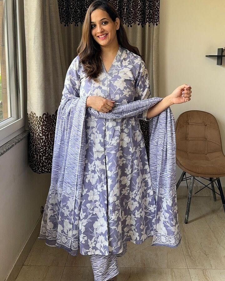 Floral Wedding Anarkali suit Women, Readymade pant Kurta, suit 3Pc Set Cotton - 001FASHIONFORWARD