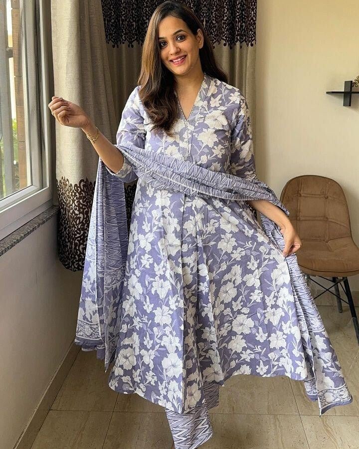 Floral Wedding Anarkali suit Women, Readymade pant Kurta, suit 3Pc Set Cotton - 001FASHIONFORWARD