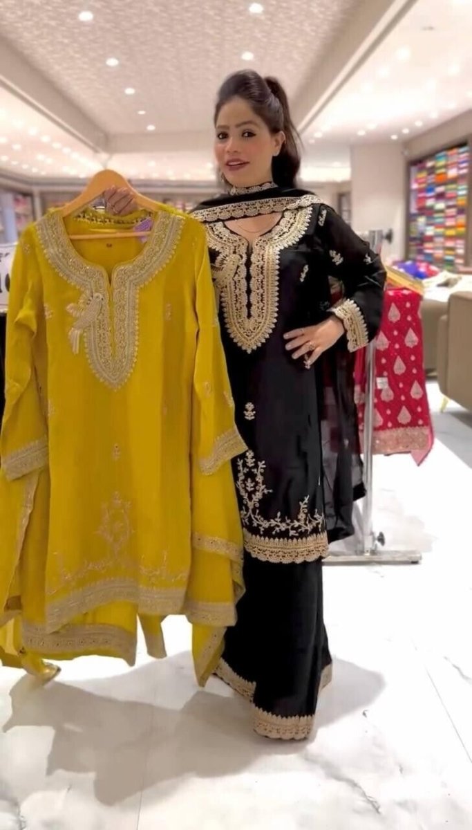Fully Sttitched Sharara Suit Designer Embroidered Dress Georgette Palazzo S - 2x - 001FASHIONFORWARD
