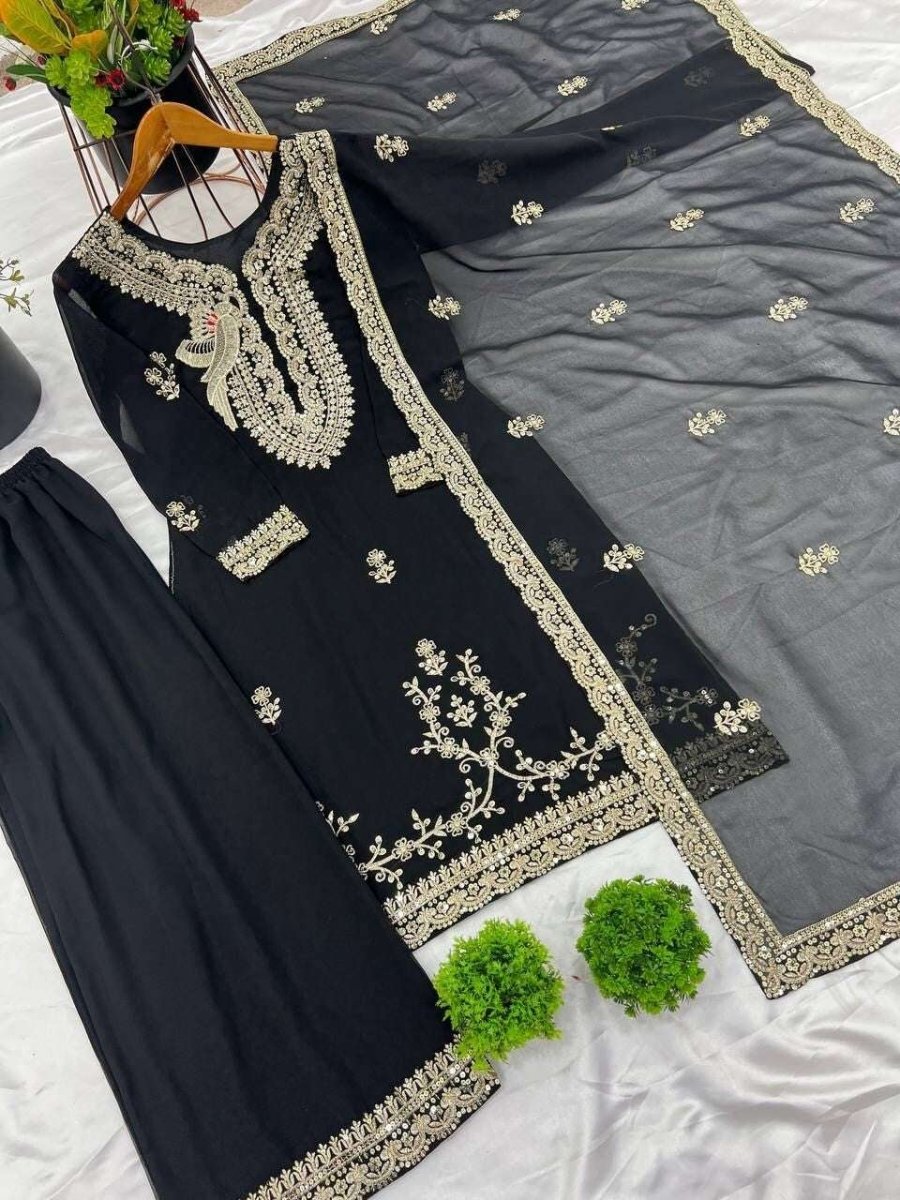 Fully Sttitched Sharara Suit Designer Embroidered Dress Georgette Palazzo S - 2x - 001FASHIONFORWARD