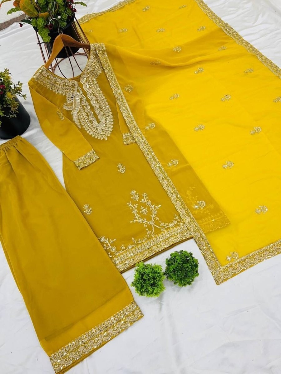 Fully Sttitched Sharara Suit Designer Embroidered Dress Georgette Palazzo S - 2x - 001FASHIONFORWARD