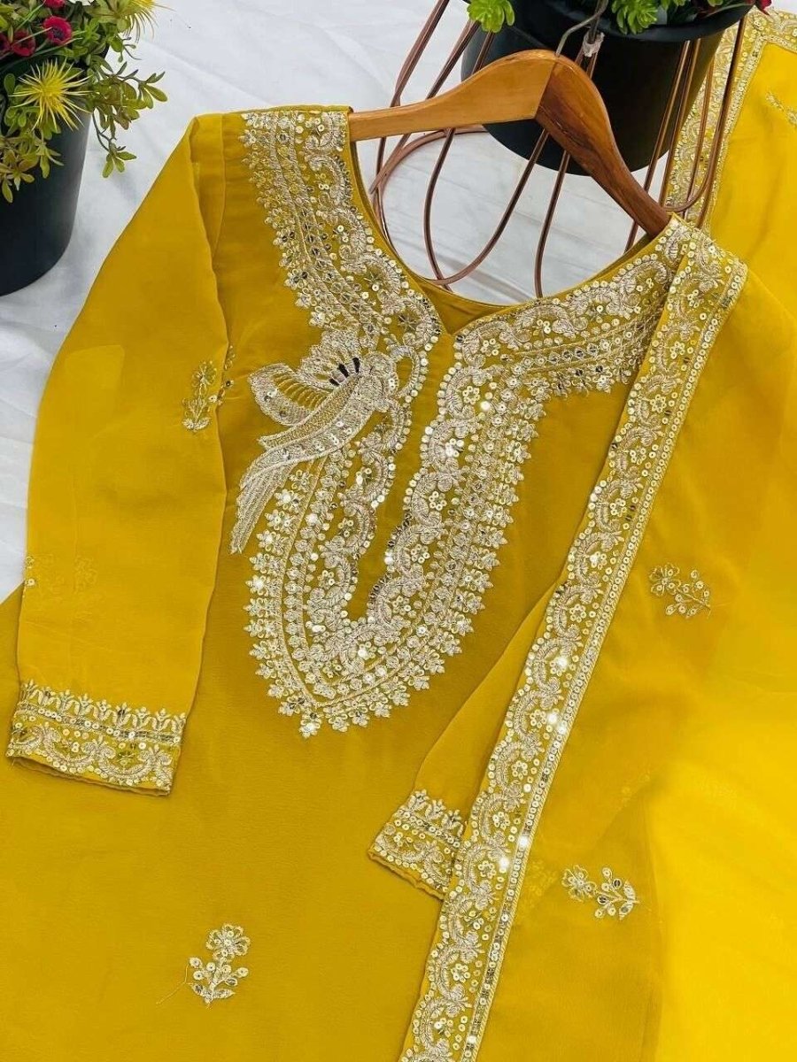 Fully Sttitched Sharara Suit Designer Embroidered Dress Georgette Palazzo S - 2x - 001FASHIONFORWARD
