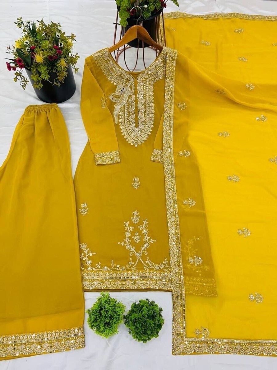 Fully Sttitched Sharara Suit Designer Embroidered Dress Georgette Palazzo S - 2x - 001FASHIONFORWARD