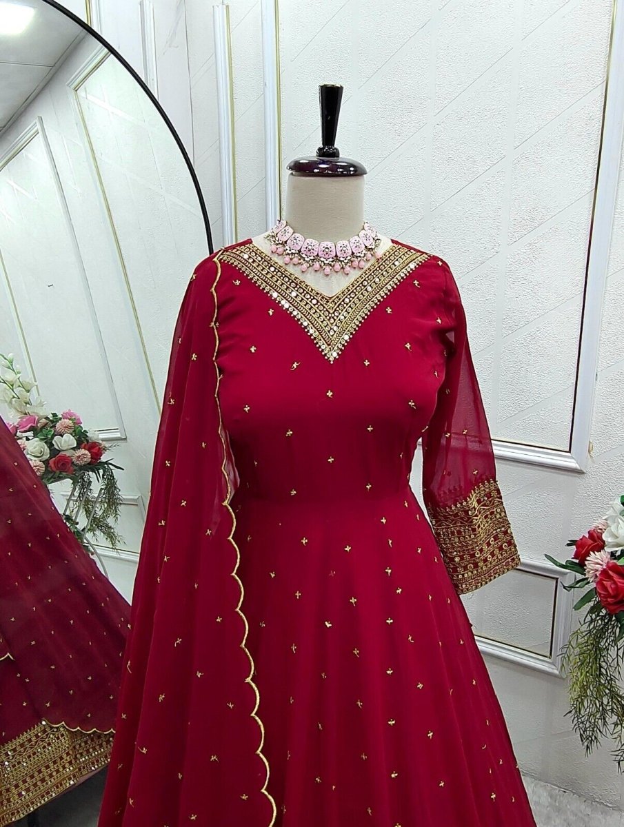 Georgette Anarkali Gown Set with 5mm Sequin Embroidery Fully Stitched Partywear - 001FASHIONFORWARD