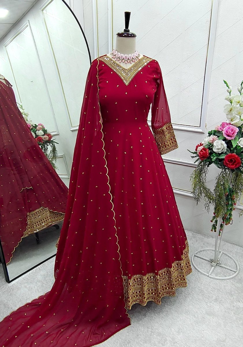 Georgette Anarkali Gown Set with 5mm Sequin Embroidery Fully Stitched Partywear - 001FASHIONFORWARD