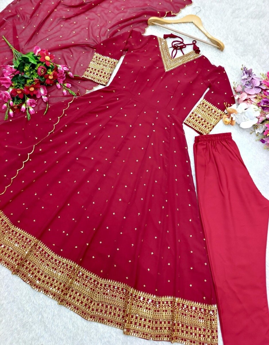 Georgette Anarkali Gown Set with 5mm Sequin Embroidery Fully Stitched Partywear - 001FASHIONFORWARD