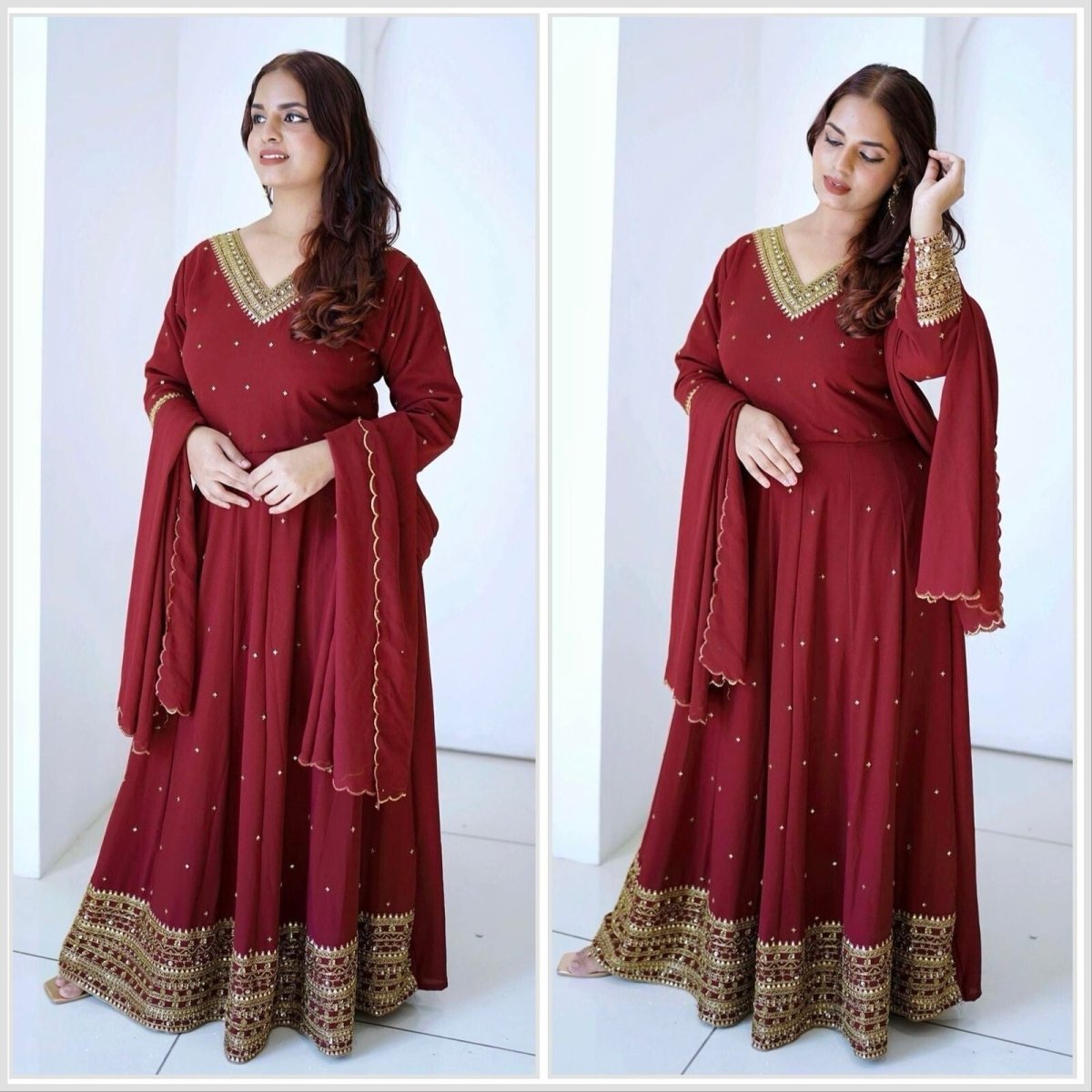 Georgette Anarkali Gown Set with 5mm Sequin Embroidery Fully Stitched Partywear - 001FASHIONFORWARD
