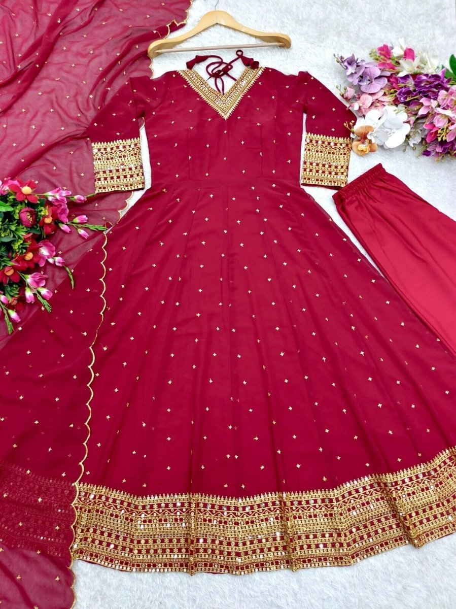 Georgette Anarkali Gown Set with 5mm Sequin Embroidery Fully Stitched Partywear - 001FASHIONFORWARD