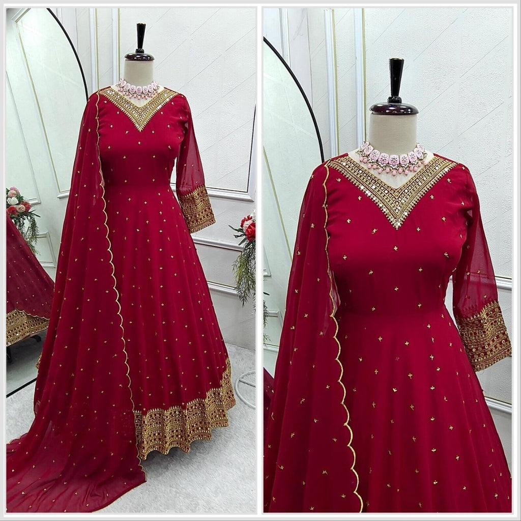 Georgette Anarkali Gown Set with 5mm Sequin Embroidery Fully Stitched Partywear - 001FASHIONFORWARD