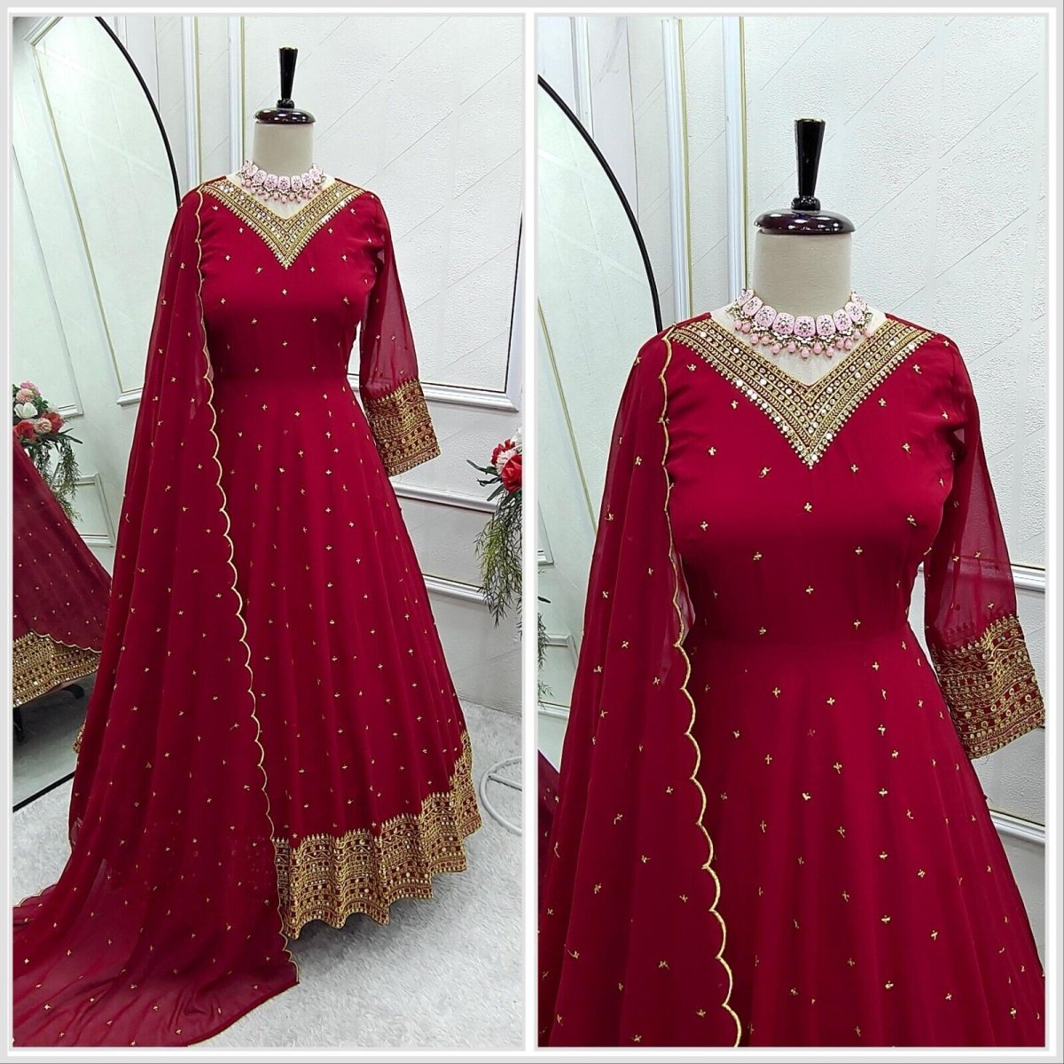 Georgette Anarkali Gown Set with 5mm Sequin Embroidery Fully Stitched Partywear - 001FASHIONFORWARD