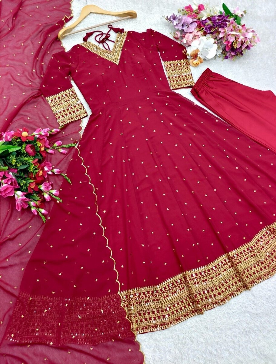 Georgette Anarkali Gown Set with 5mm Sequin Embroidery Fully Stitched Partywear - 001FASHIONFORWARD
