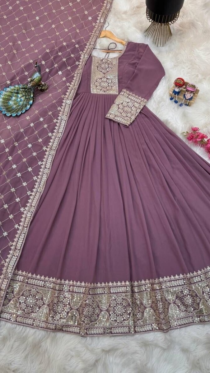 Georgette Embroidered Flared Anarkali Gown Dupatta – Fully Stitched Ensemble - 001FASHIONFORWARD