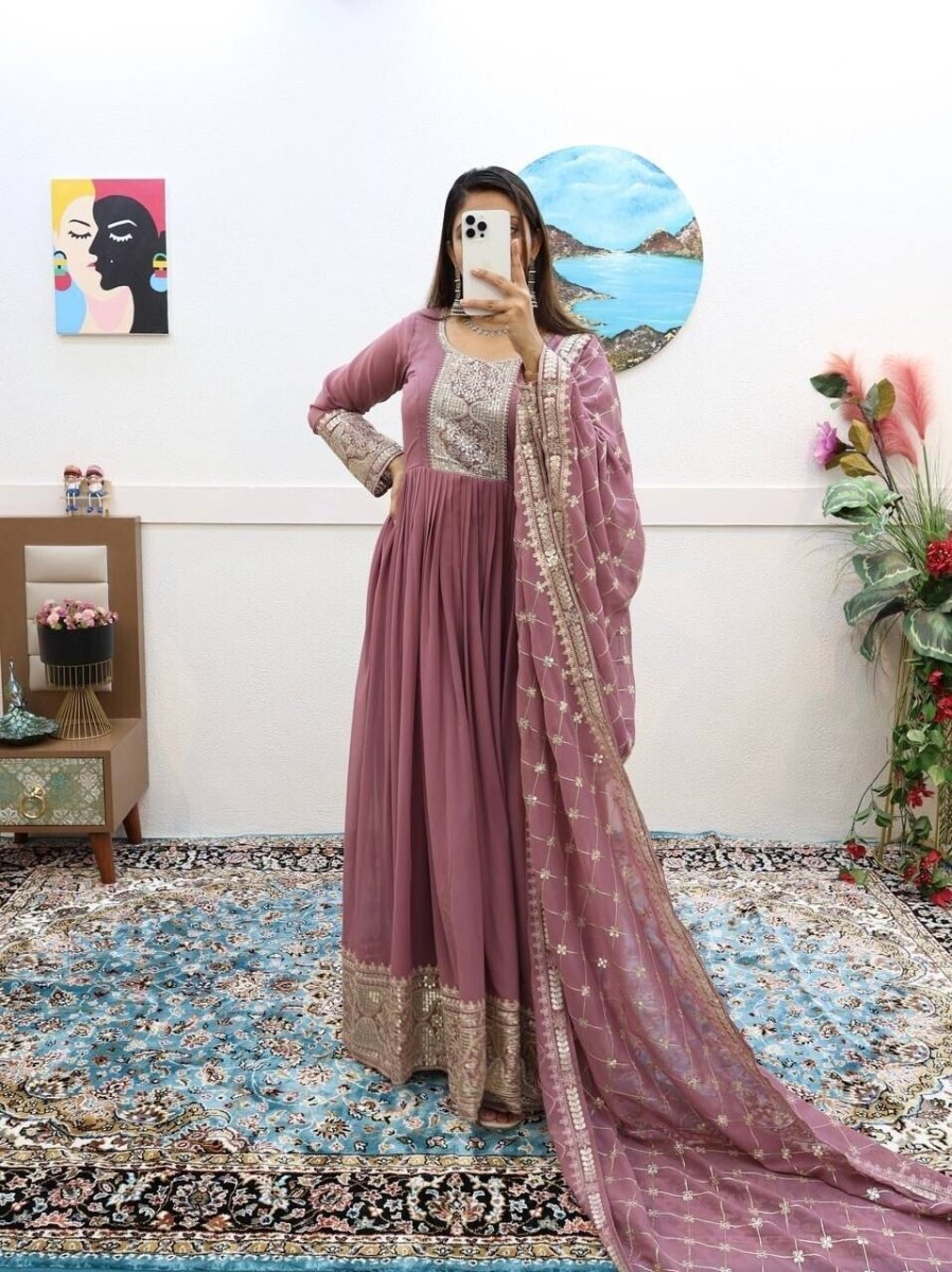 Georgette Embroidered Flared Anarkali Gown Dupatta – Fully Stitched Ensemble - 001FASHIONFORWARD