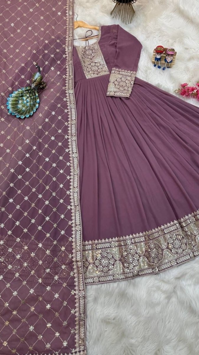 Georgette Embroidered Flared Anarkali Gown Dupatta – Fully Stitched Ensemble - 001FASHIONFORWARD