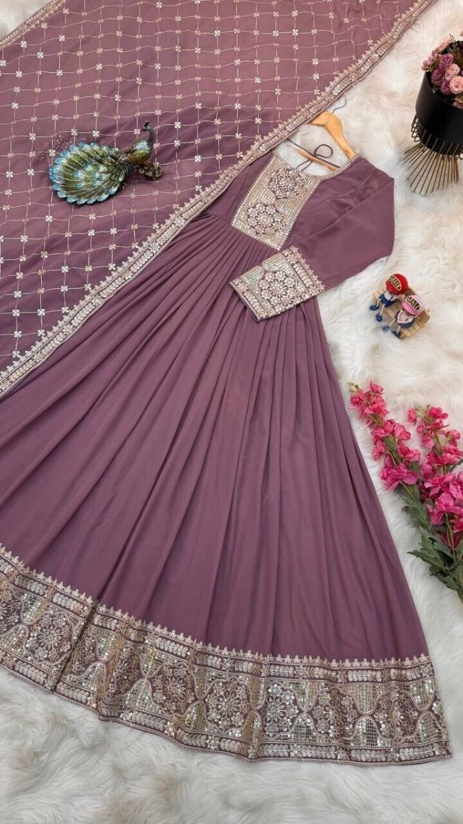 Georgette Embroidered Flared Anarkali Gown Dupatta – Fully Stitched Ensemble - 001FASHIONFORWARD