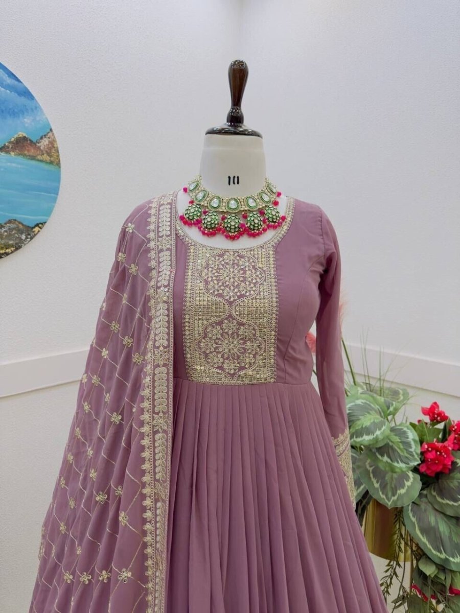 Georgette Embroidered Flared Anarkali Gown Dupatta – Fully Stitched Ensemble - 001FASHIONFORWARD