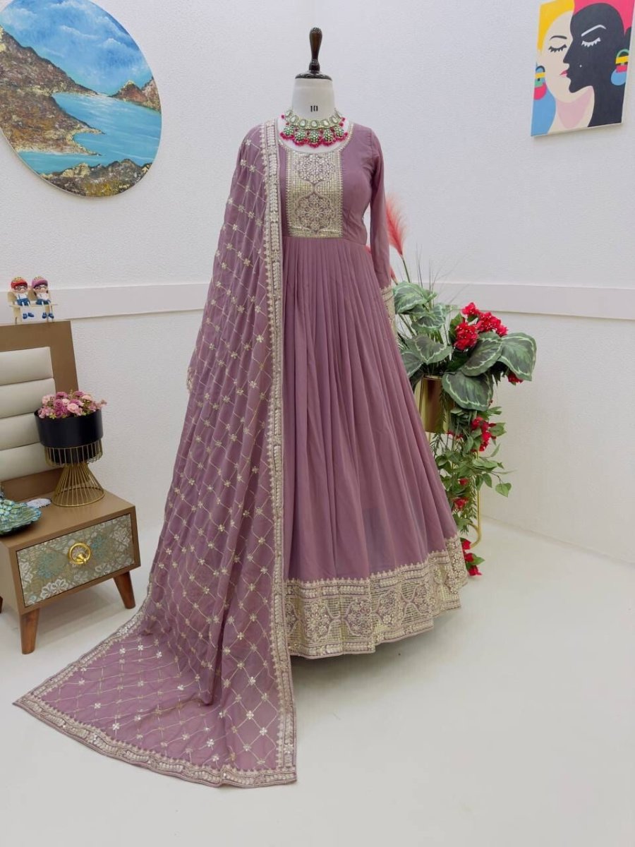 Georgette Embroidered Flared Anarkali Gown Dupatta – Fully Stitched Ensemble - 001FASHIONFORWARD