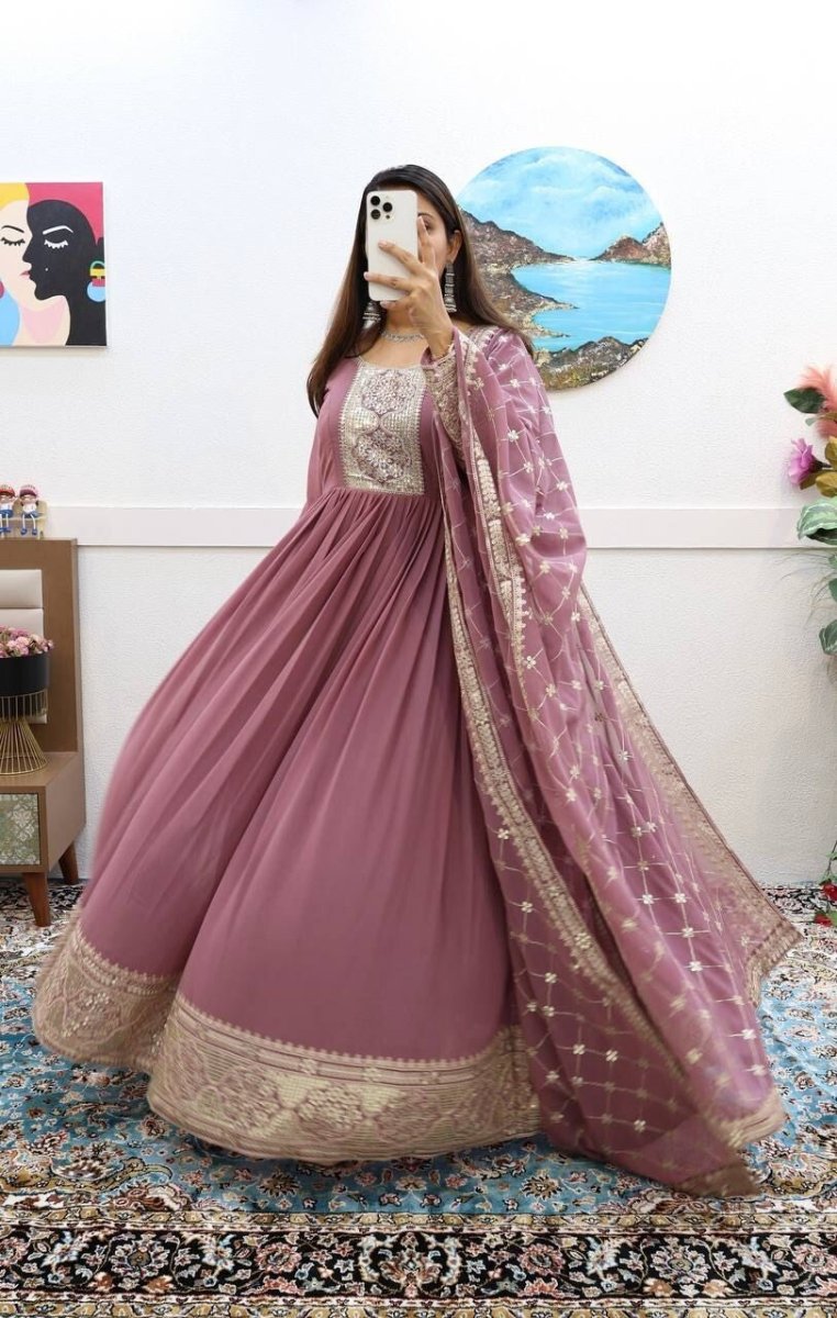 Georgette Embroidered Flared Anarkali Gown Dupatta – Fully Stitched Ensemble - 001FASHIONFORWARD