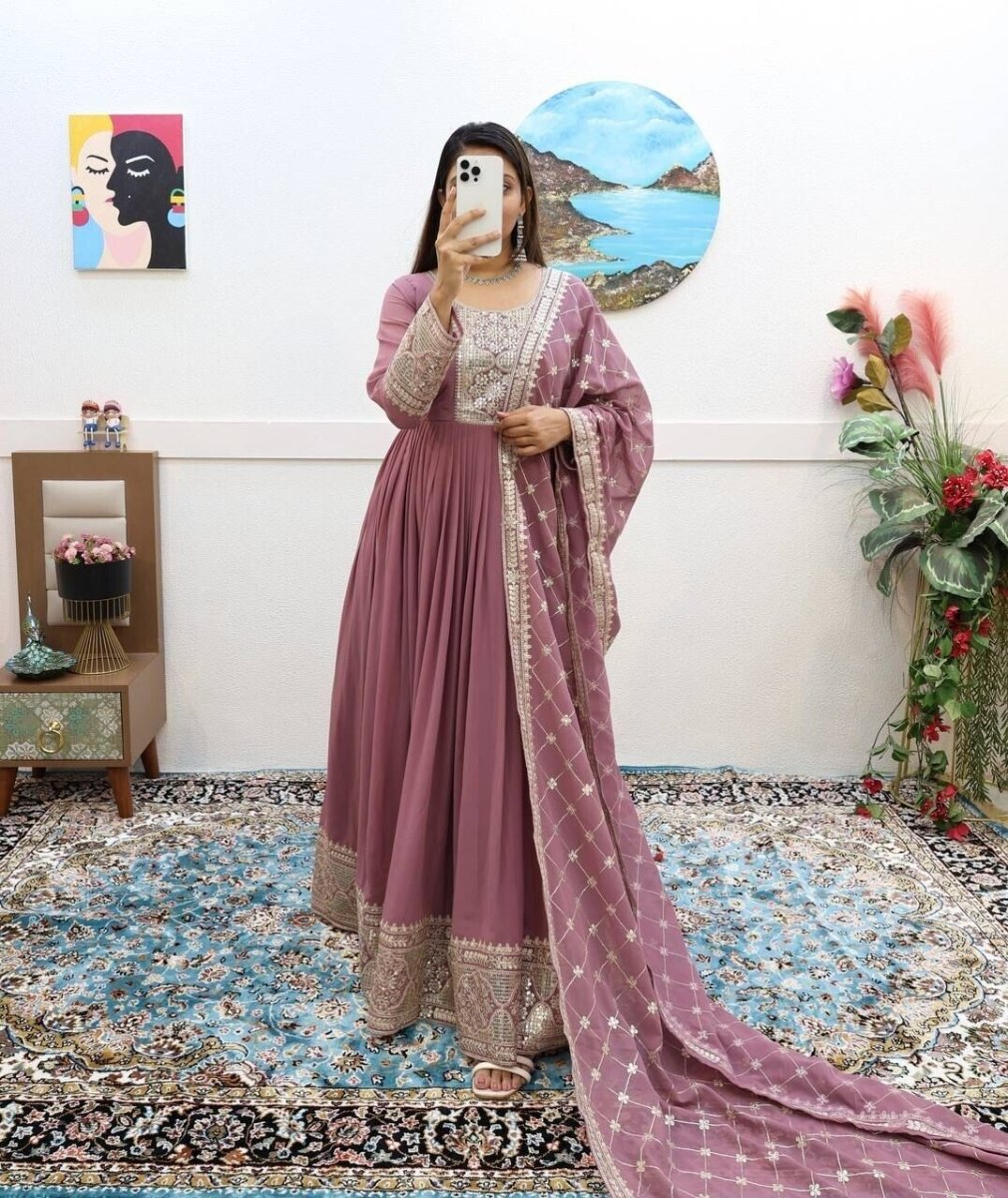 Georgette Embroidered Flared Anarkali Gown Dupatta – Fully Stitched Ensemble - 001FASHIONFORWARD