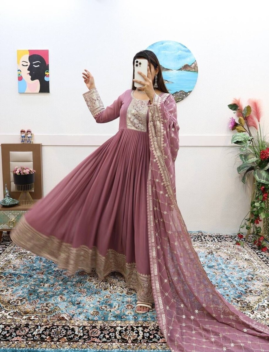 Georgette Embroidered Flared Anarkali Gown Dupatta – Fully Stitched Ensemble - 001FASHIONFORWARD