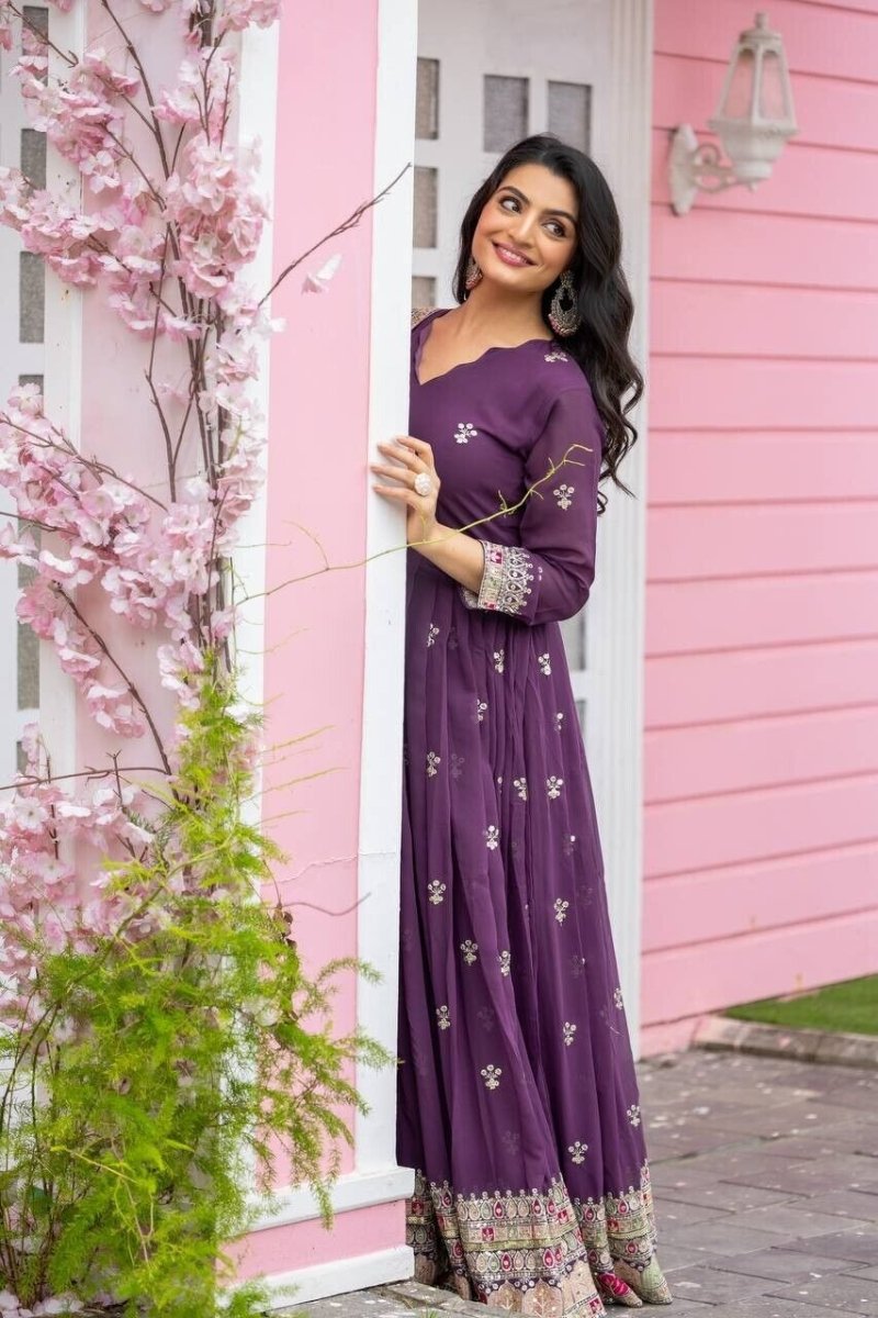 Georgette Pakistani Anarkali Gown Salwar Kameez Set with Embroidered Net - 001FASHIONFORWARD