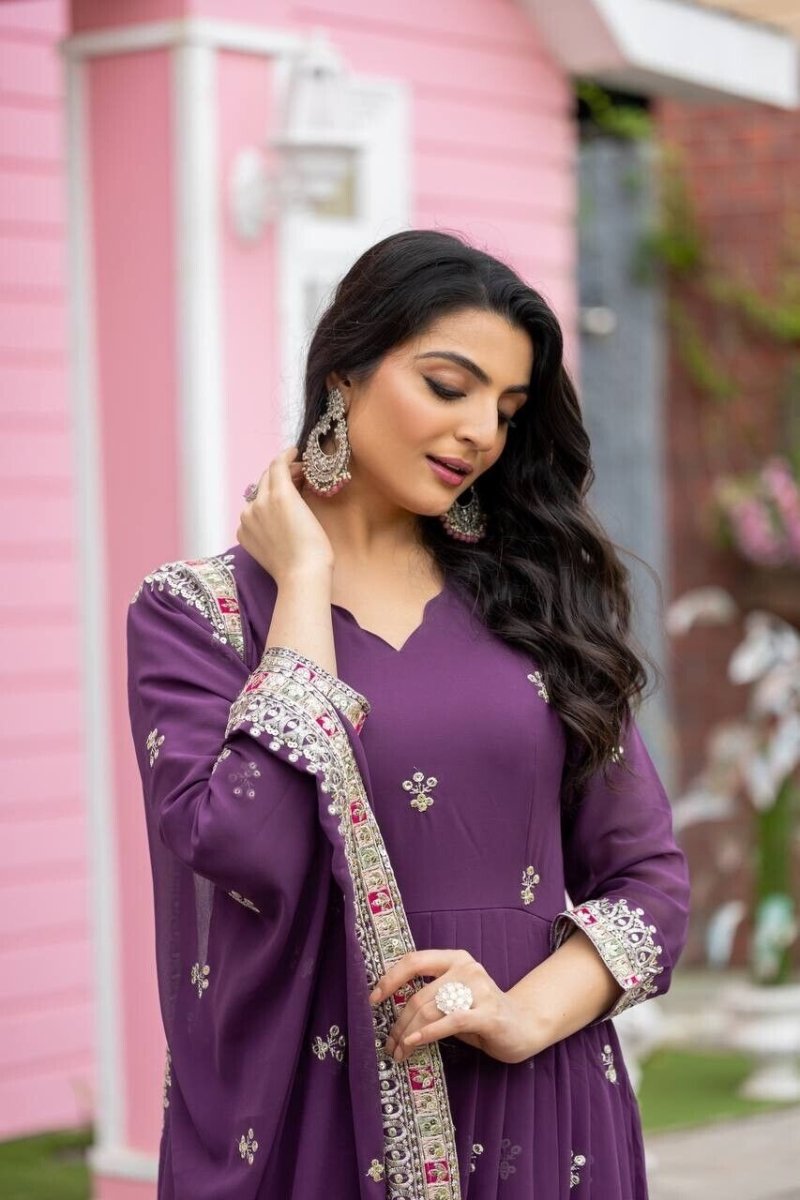 Georgette Pakistani Anarkali Gown Salwar Kameez Set with Embroidered Net - 001FASHIONFORWARD