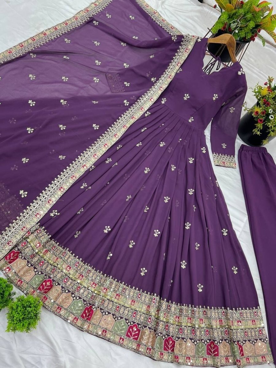Georgette Pakistani Anarkali Gown Salwar Kameez Set with Embroidered Net - 001FASHIONFORWARD