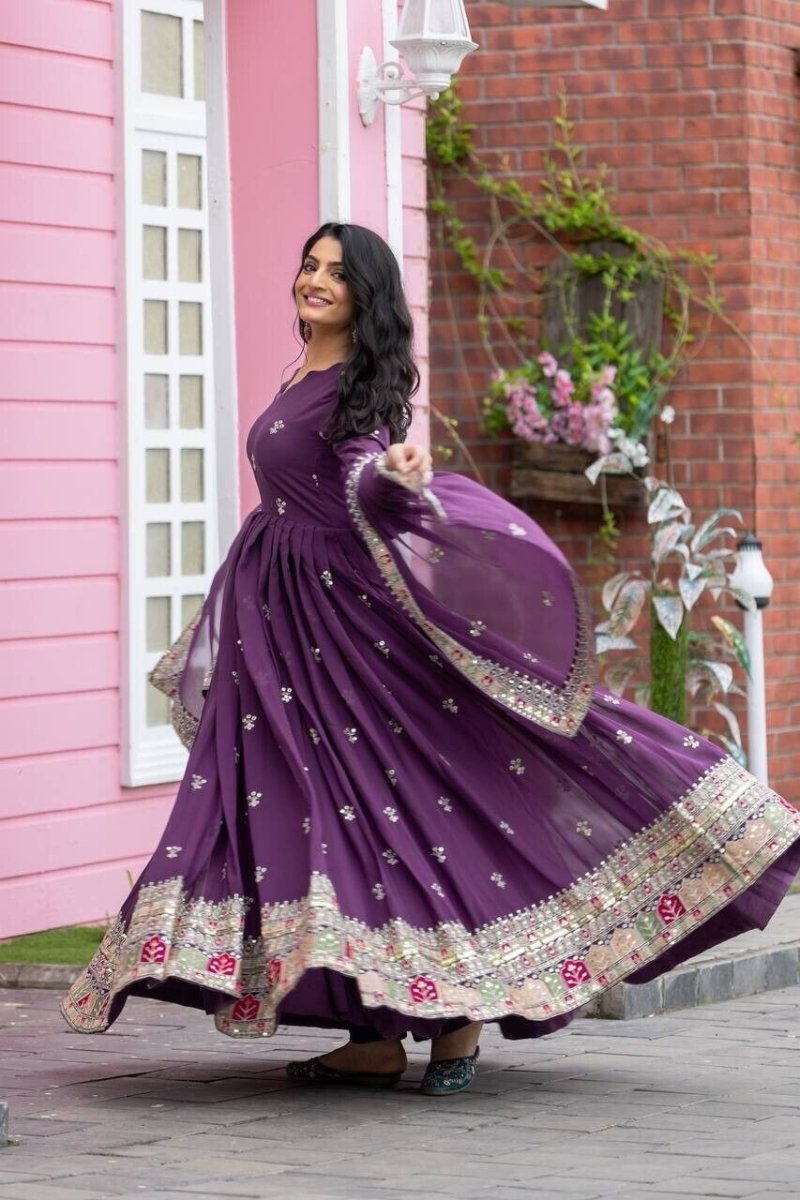 Georgette Pakistani Anarkali Gown Salwar Kameez Set with Embroidered Net - 001FASHIONFORWARD