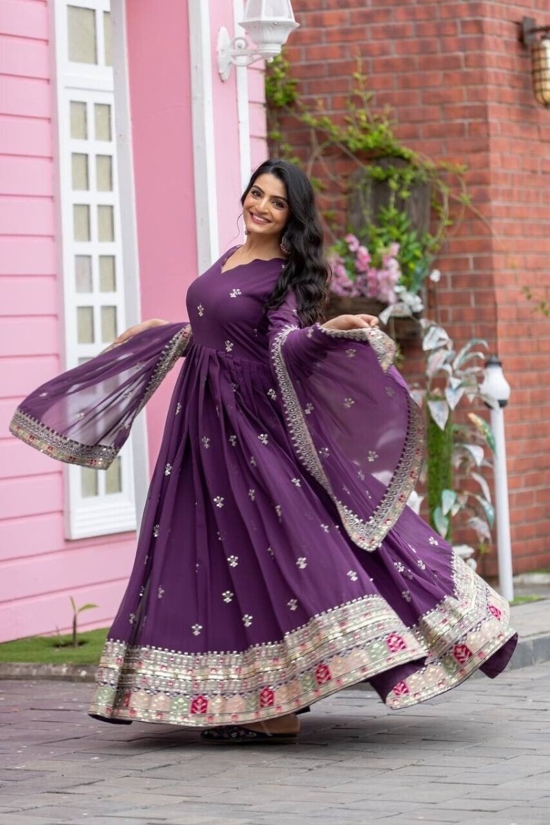 Georgette Pakistani Anarkali Gown Salwar Kameez Set with Embroidered Net - 001FASHIONFORWARD