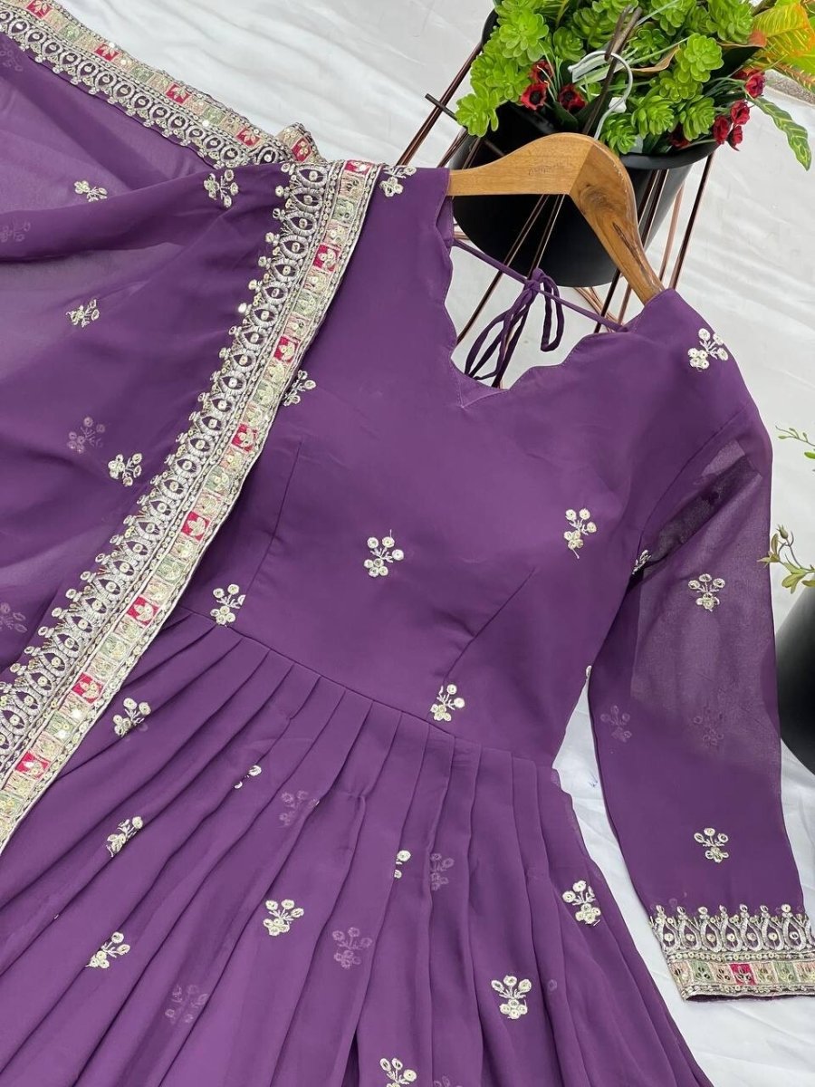 Georgette Pakistani Anarkali Gown Salwar Kameez Set with Embroidered Net - 001FASHIONFORWARD