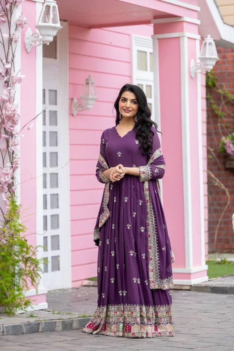 Georgette Pakistani Anarkali Gown Salwar Kameez Set with Embroidered Net - 001FASHIONFORWARD