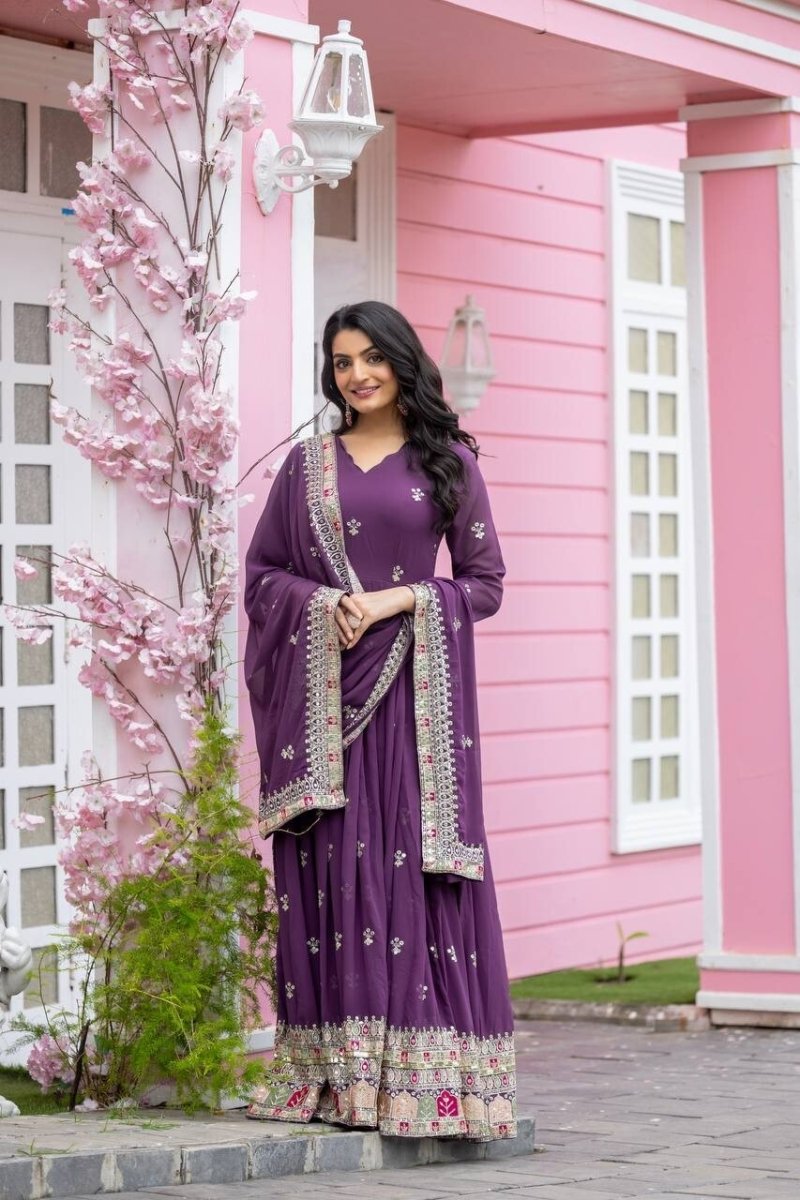 Georgette Pakistani Anarkali Gown Salwar Kameez Set with Embroidered Net - 001FASHIONFORWARD