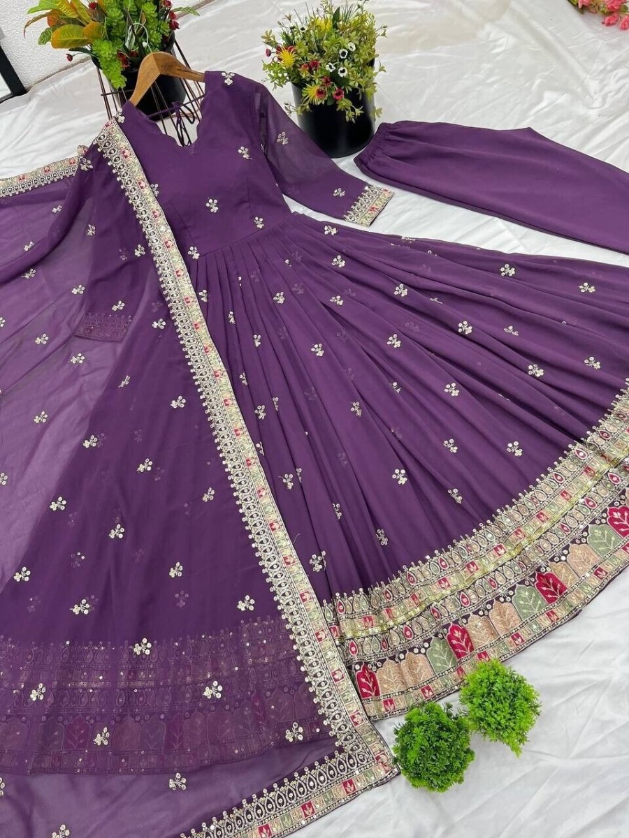 Georgette Pakistani Anarkali Gown Salwar Kameez Set with Embroidered Net - 001FASHIONFORWARD
