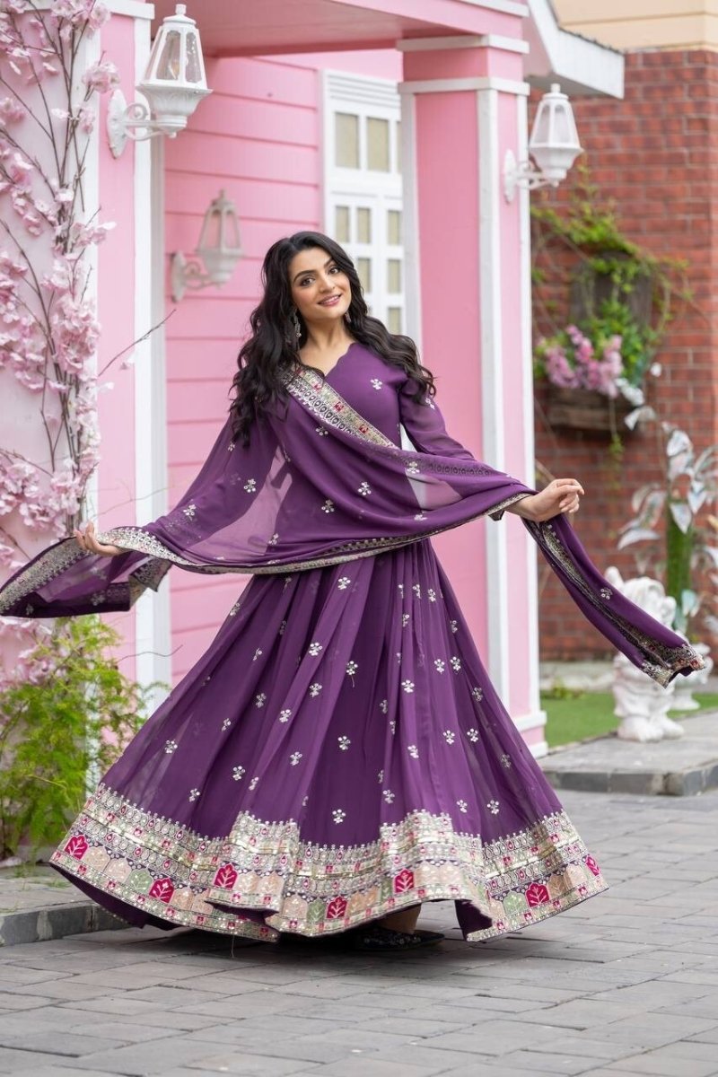 Georgette Pakistani Anarkali Gown Salwar Kameez Set with Embroidered Net - 001FASHIONFORWARD