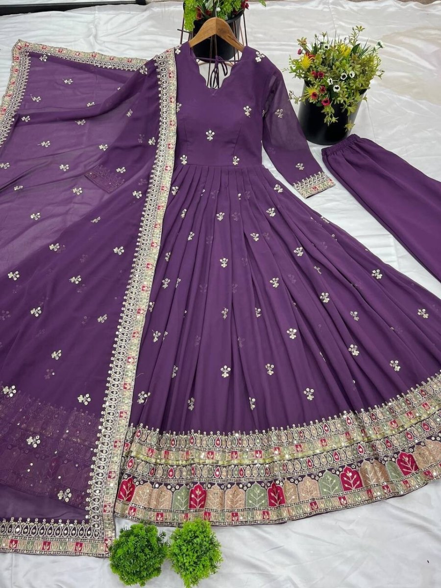 Georgette Pakistani Anarkali Gown Salwar Kameez Set with Embroidered Net - 001FASHIONFORWARD
