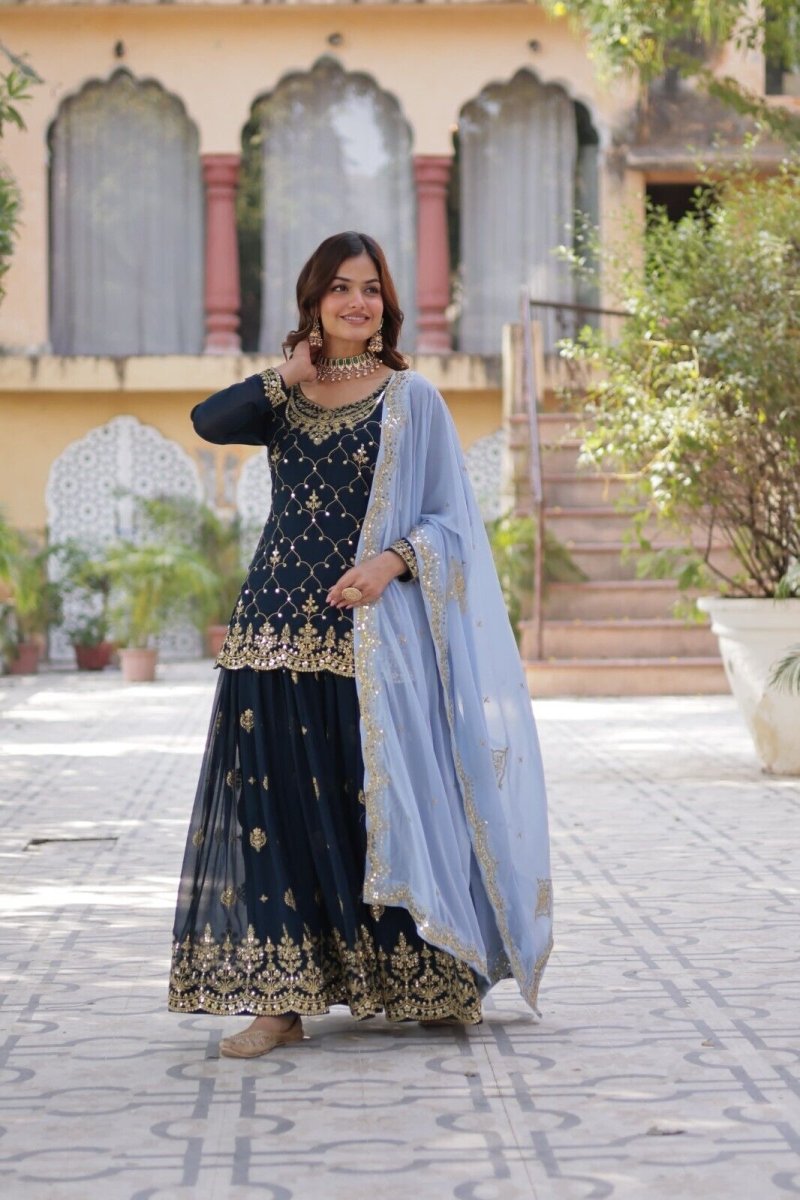 Georgette readymade Indian Pakistani Salwar Kameez Set – Palazzo Kurti Dupatta - 001FASHIONFORWARD