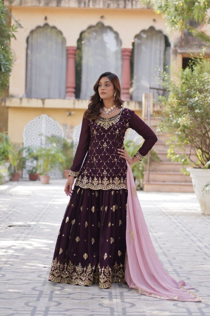 Georgette readymade Indian Pakistani Salwar Kameez Set – Palazzo Kurti Dupatta - 001FASHIONFORWARD