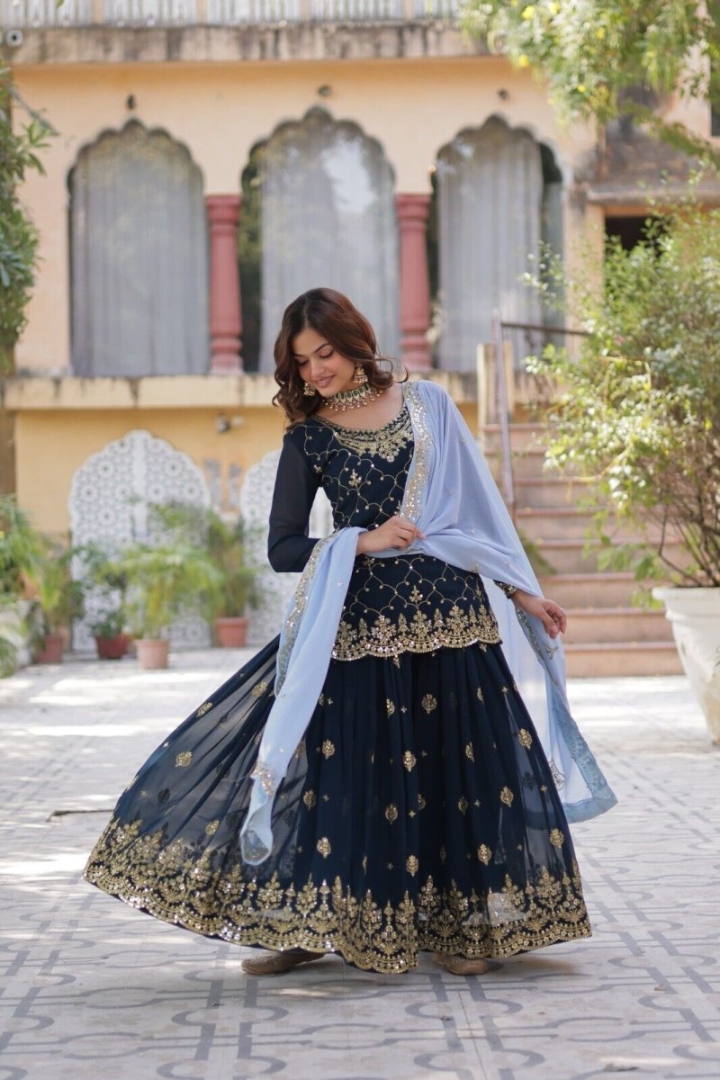 Georgette readymade Indian Pakistani Salwar Kameez Set – Palazzo Kurti Dupatta - 001FASHIONFORWARD