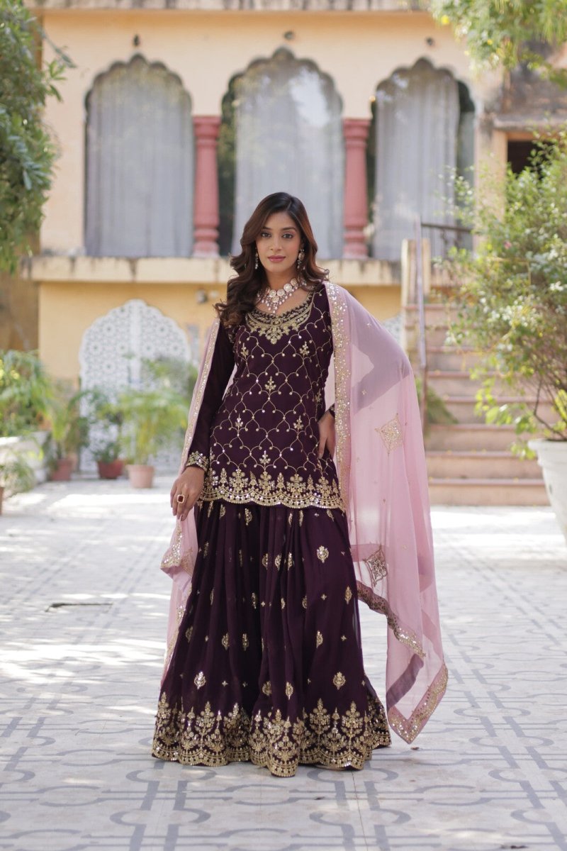 Georgette readymade Indian Pakistani Salwar Kameez Set – Palazzo Kurti Dupatta - 001FASHIONFORWARD