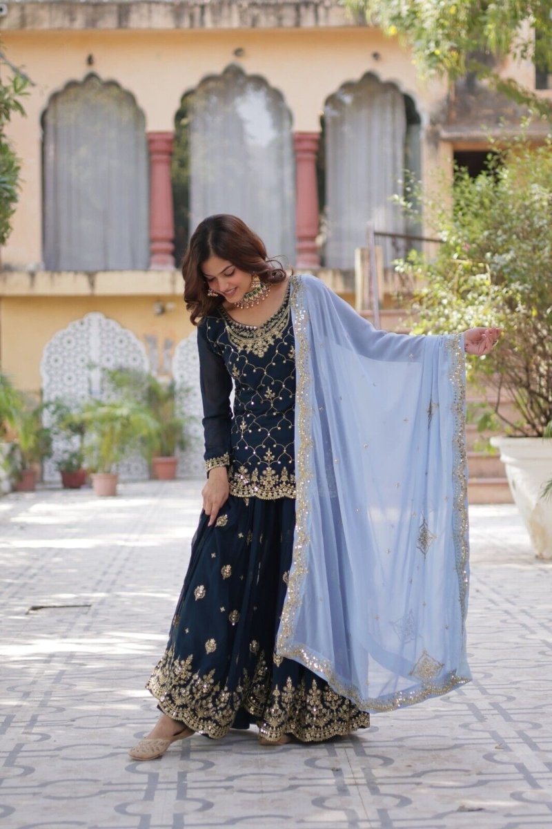 Georgette readymade Indian Pakistani Salwar Kameez Set – Palazzo Kurti Dupatta - 001FASHIONFORWARD
