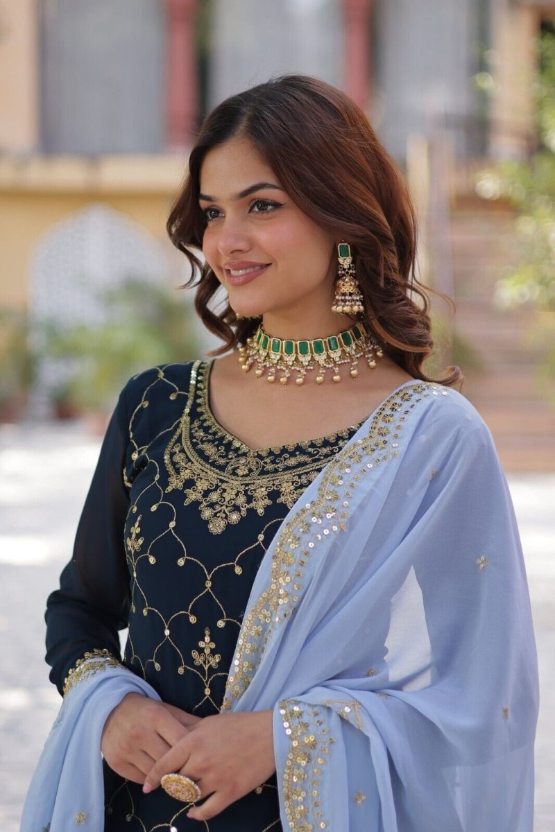 Georgette readymade Indian Pakistani Salwar Kameez Set – Palazzo Kurti Dupatta - 001FASHIONFORWARD