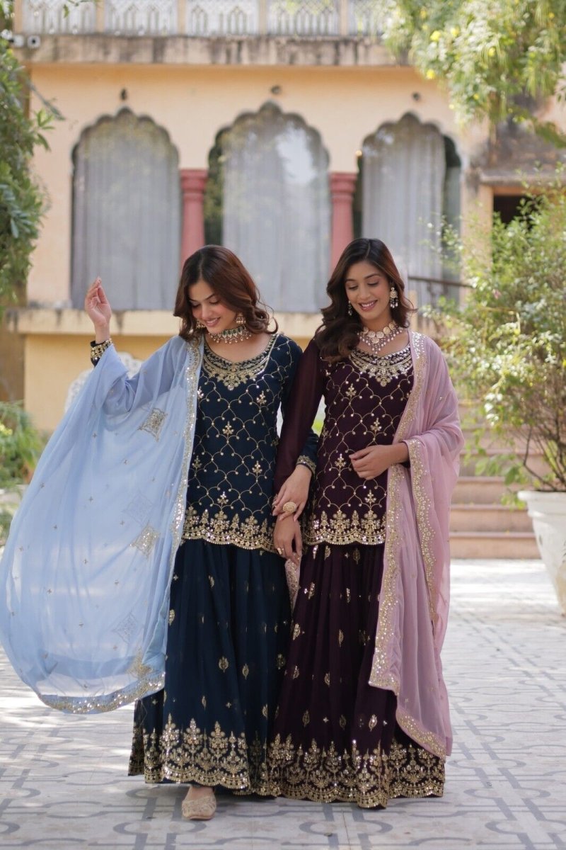Georgette readymade Indian Pakistani Salwar Kameez Set – Palazzo Kurti Dupatta - 001FASHIONFORWARD