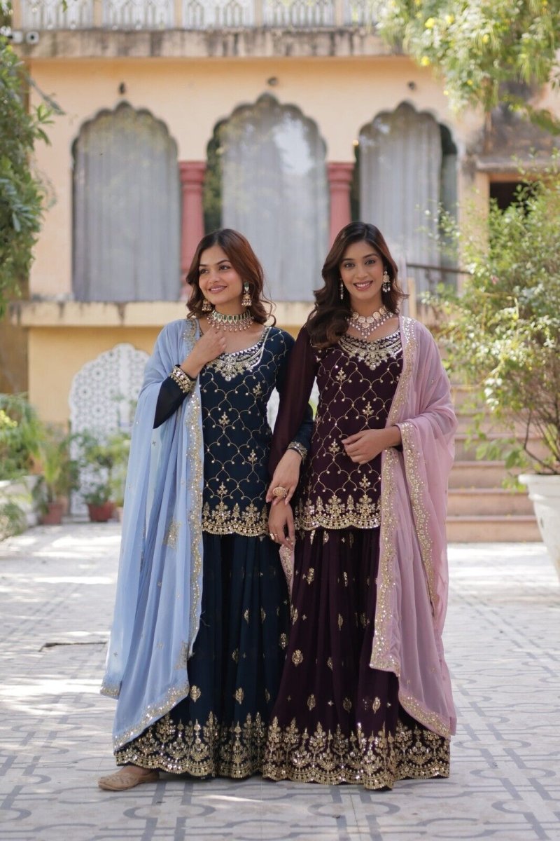 Georgette readymade Indian Pakistani Salwar Kameez Set – Palazzo Kurti Dupatta - 001FASHIONFORWARD