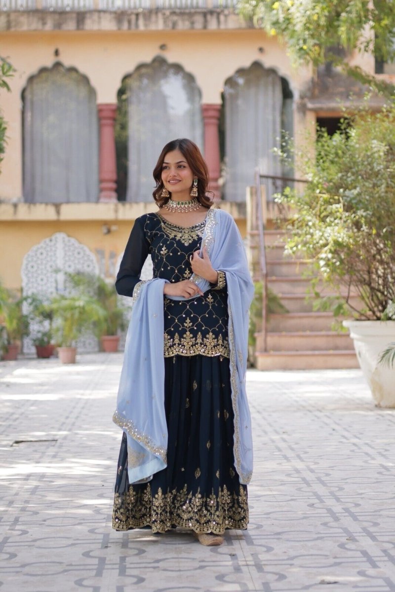 Georgette readymade Indian Pakistani Salwar Kameez Set – Palazzo Kurti Dupatta - 001FASHIONFORWARD